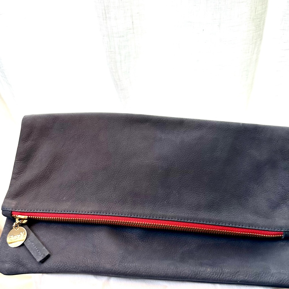 Claire V Navy Fold-Over Clutch with Red Zip Accent